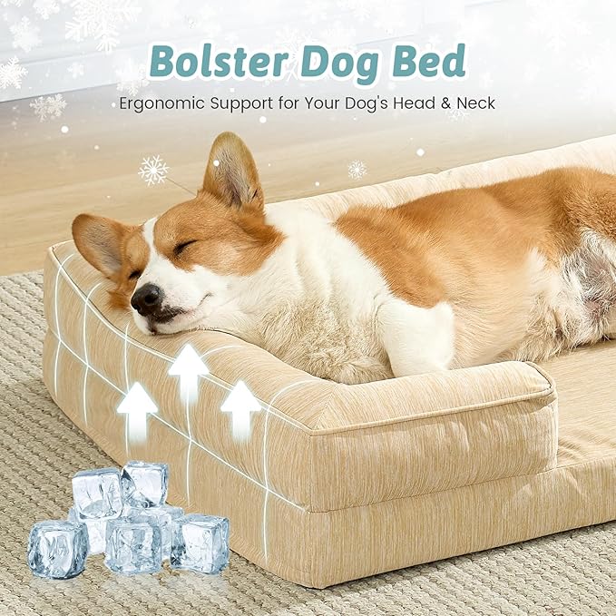 Cooling Dog Bed for Large Medium Size Dogs, Q-Max >0.4 Summer Cool Orthopedic Foam Pet Sofa Bed with Sides, Bolster Anti-Slip Couch with Washable Removable Cover, L 36x27x6.5 inch, Beige