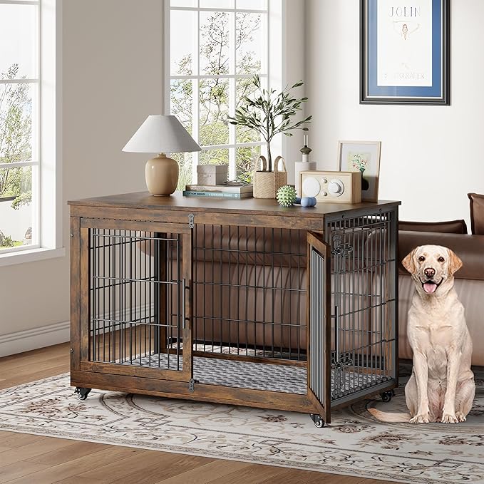YaFiti Dog Crate Furniture with Cushion Set of 2, Wooden Dog Kennel Indoor with Double Doors, Dog Cage with Wheels, Dog House Side End Table for Large Dogs up to 85 lb, 44" L, Rustic Brown