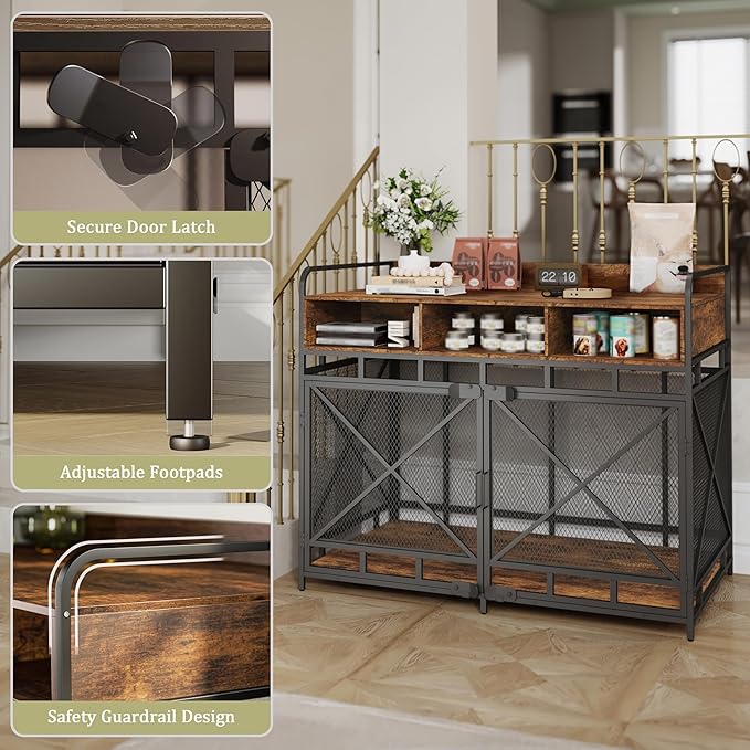 Fulhope Dog Crate Furniture, 48" Heavy Duty Wooden Dog Crate End Table, XL Dog Kennel Furniture Large Breed, Decorative Dog Kennel Indoor with 3 Drawers & Steel Tubes 48" L x28 W x38 H (Rustic Brown)