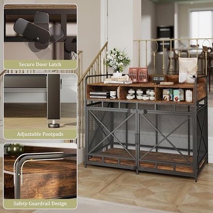 Fulhope Dog Crate Furniture, 48" Heavy Duty Wooden Dog Crate End Table, XL Dog Kennel Furniture Large Breed, Decorative Dog Kennel Indoor with 3 Drawers & Steel Tubes 48" L x28 W x38 H (Rustic Brown)