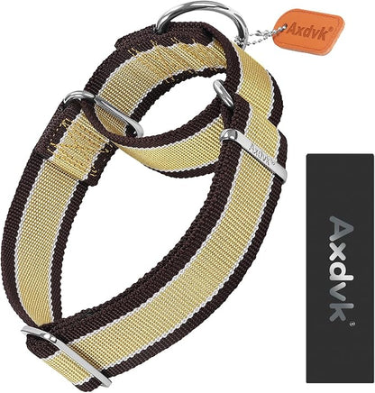 Martingale Collar 1.5 Inch Wide 1600D Extra Strong Anti Escape Nylon Dog Collar, No Pull Heavy Duty Pet Collars with 3-Color Stripe for Medium to Large Dogs (L, Khaki & Dark Brown)