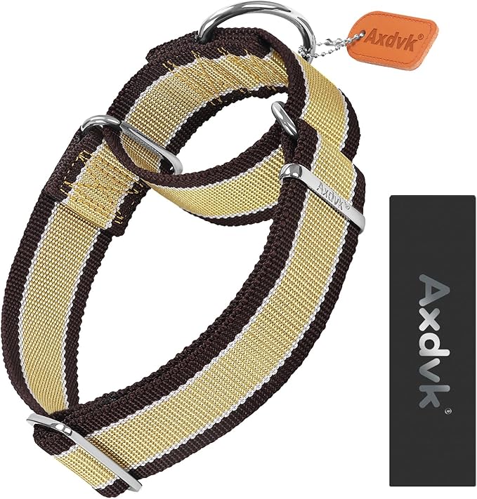 Martingale Collar 1.5 Inch Wide 1600D Extra Strong Anti Escape Nylon Dog Collar, No Pull Heavy Duty Pet Collars with 3-Color Stripe for Medium Dogs (M, Khaki & Dark Brown)