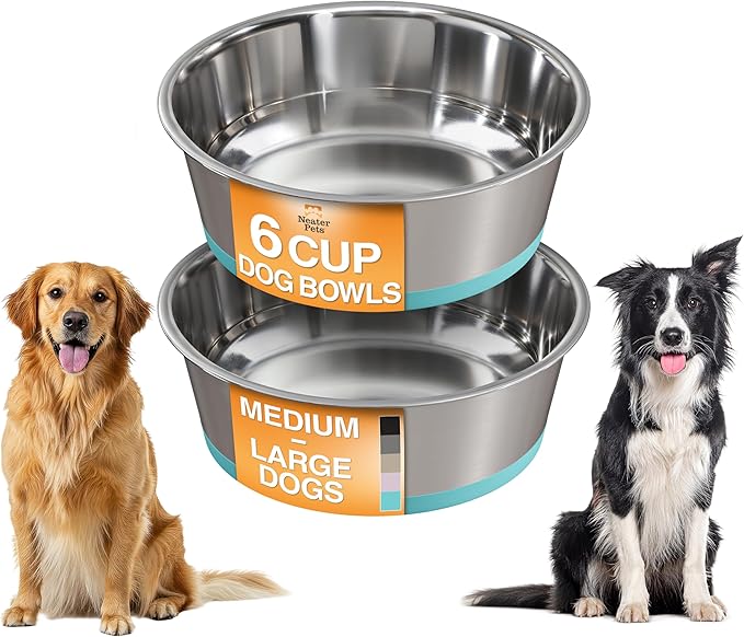 Neater Pet Brands Stainless Steel Dog Bowls with Non-Slip Rubber Bottom – Set of 2, 6 Cup (48 oz), Teal - Heavy Duty Metal Dog Bowl, Dishwasher Safe, Food or Water Bowl, Ideal for Large Dogs