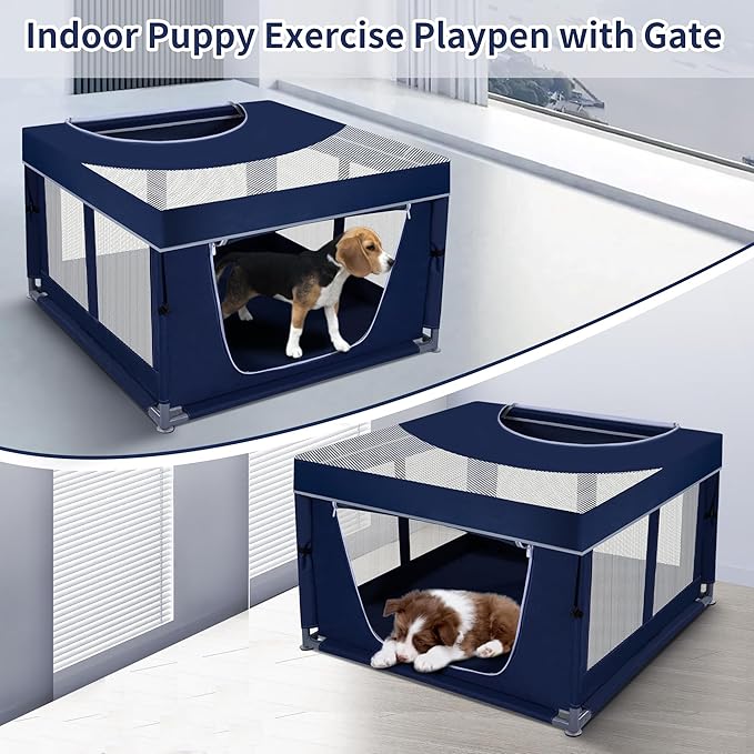 Dog Kitten Playpen with Play Pen Cover for Cat Indoor, 41 x41 x25.5 Puppy Playpen for Small Pet with See-Through Topper Proof Enclosed Door Dog Pen, Sturdy Warm Protable Play Pen for Cat