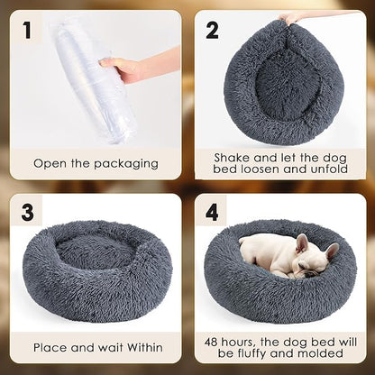 28in Large Dog Bed, Medium Size Dog and Cats, Calming Donut Bed for Puppy and Kitten, Washable Round Fluffy Pet Bed (Dark Grey)