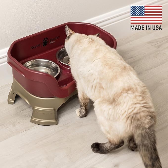 Neater Feeder Deluxe Mess-Proof Elevated Cat Bowls, 2 Height Adjustable (6” & 7.5”) No-Spill Raised Cat Bowl Stand, Whisker Friendly Stainless Steel Dishes for Indoor Cats, Made in USA, Cranberry