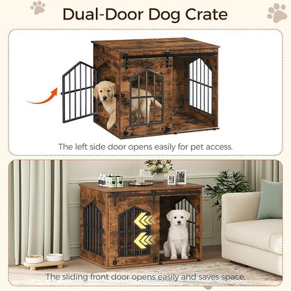 MAHANCRIS Dog Crate Furniture, 31.5" Farmhouse Dog Kennel with Sliding Barn Door, Wooden Dog Cage for Small Medium Dogs, Decorative Pet House Side End Table, Chew-Resistant, Rustic Brown DCHR9601