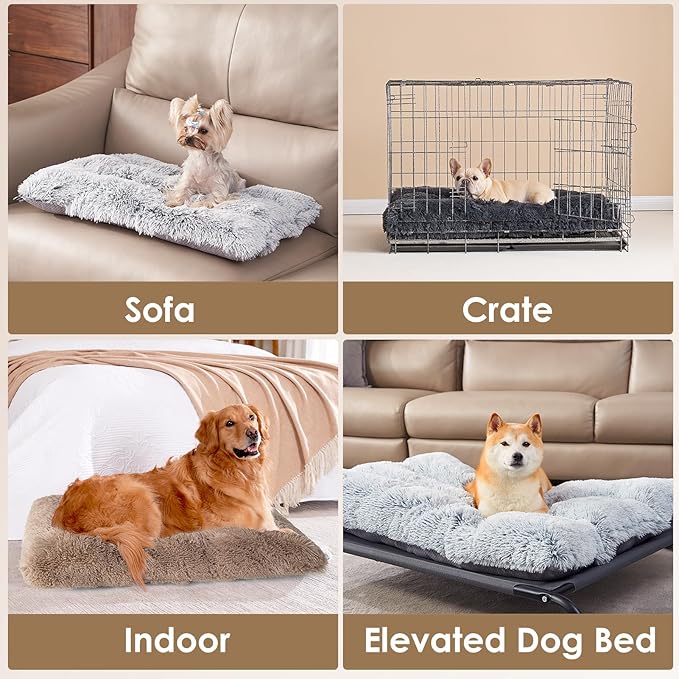 EHEYCIGA Fluffy Dog Crate Bed for Extra Large Dogs, Plush Faux Fur XLP Pad, Calming Anti Anxiety XL Plus Bed for Crate, Washable Soft Warm Dog Mat with Non-Slip Bottom, Camel