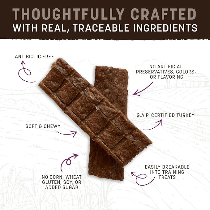 Earth Animal Wisdom Air Dried Jerky - Turkey Recipe Premium Natural Jerky Strips Dog Treats - 4 oz Bag