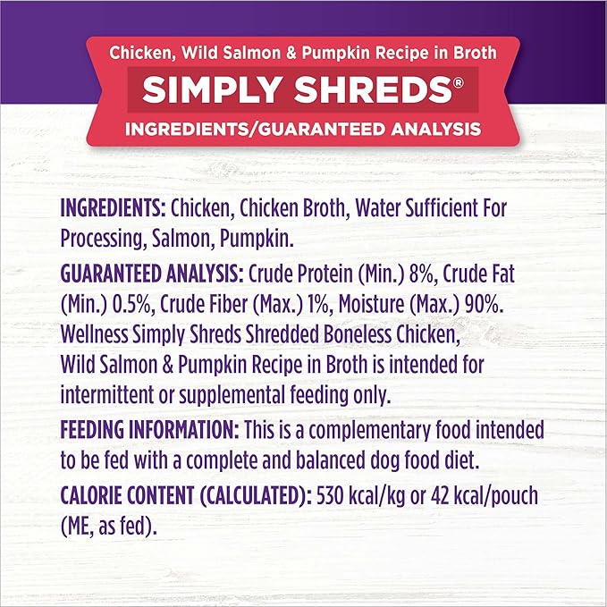 Wellness Bowl Boosters Simply Shreds Wet Dog Food Topper for Small, Medium, and Large Breeds, Grain Free, Natural, Wild Salmon and Pumpkin Recipe, 2.8 oz, Pack of 12 Pouches
