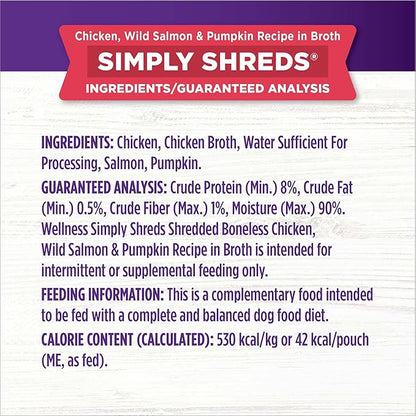 Wellness Bowl Boosters Simply Shreds Wet Dog Food Topper for Small, Medium, and Large Breeds, Grain Free, Natural, Wild Salmon and Pumpkin Recipe, 2.8 oz, Pack of 12 Pouches
