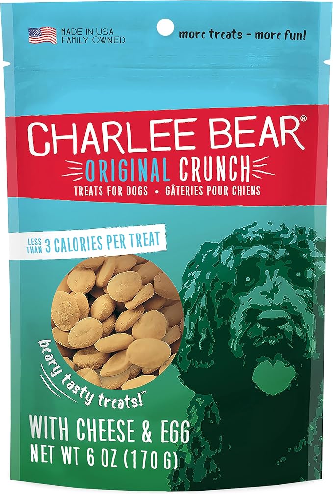 Charlee Bear Original Crunch Dog Treats, Cheese and Egg, 6 Ounce Resealable Bag, Low Calorie Training Treats for Dogs, Limited Ingredient, Healthy, Crunchy Dog Snacks, Made in USA