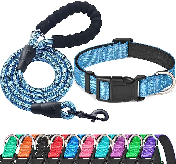Ladoogo Reflective Dog Collar Padded with Soft Neoprene Breathable Adjustable Nylon Dog Collars for Small Medium Large Dogs (Large (Pack of 1), Vivid Blue Collar+Leash)
