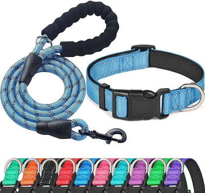 Ladoogo Reflective Dog Collar Padded with Soft Neoprene Breathable Adjustable Nylon Dog Collars for Small Medium Large Dogs (Large (Pack of 1), Vivid Blue Collar+Leash)