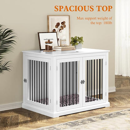 PUPETPO Dog Crate Furniture with Cushion, Dog Crate End Table Large, Indoor Dog Kennel, Dog House, Dog Cages for Large Dogs, Furniture Style Dog Crate with Flip-top, Chew-Proof Metal Bars, White