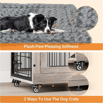 Lulive Small Dog Crate Furniture, Dog Kennel Indoor Double Doors Wooden Dog Cage, 27.1'' Heavy Duty Dog Crate with Cushion & Wheels, Decorative End Table Pet House Chew-Resistant for Small Dogs, Grey