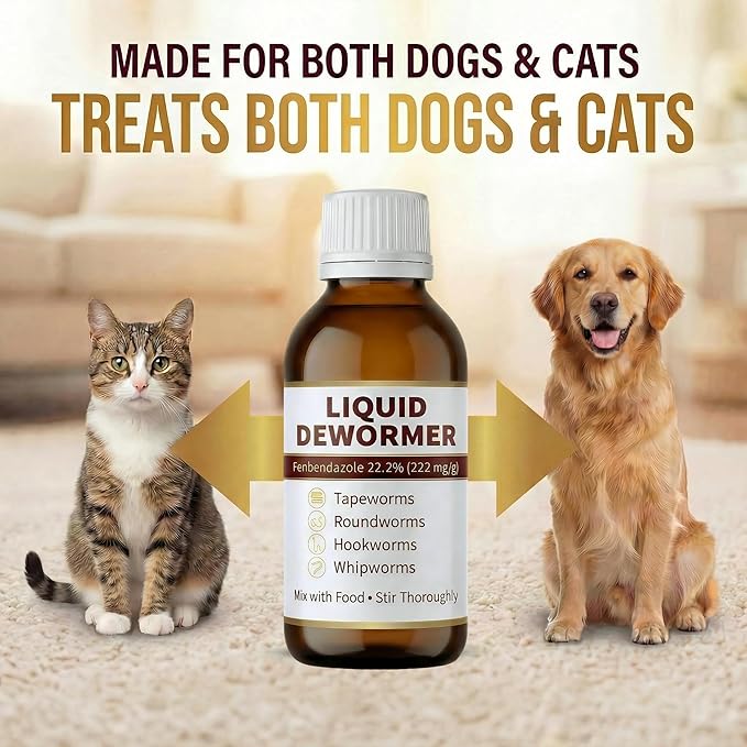 Liquid Dewormer for Cats and Dogs - Fenbendazole 22.2% Cat Dewormer & Dog Dewormer - Targets Tapeworms, Roundworms, Hookworms, Whipworms - Broad Spectrum Worm Medicine - 100mL