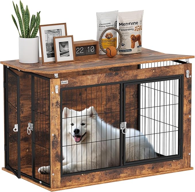 PawHut 39" Dog Crate Furniture with Flip-up Top Opening, Decorative Dog Kennel Furniture Side Table with 2 Doors for Large Breeds, Rustic Brown