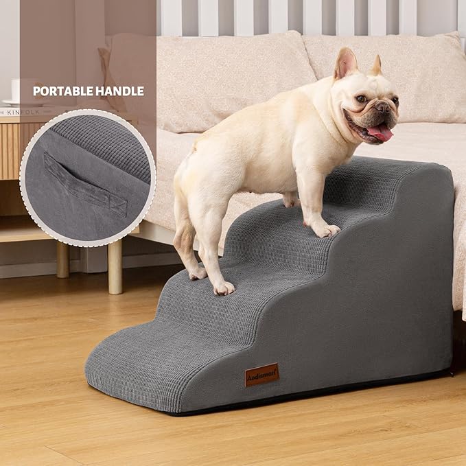 Aodisman Dog Steps for Bed, 4-Step Dog Stairs Ramp for Small Dogs and Cats, Indoor Non-Slip Pet Stairs Suitable for Older, Short-Legged, and Puppy Dogs to Climb onto High Beds and Couch, 17.4" H,Grey