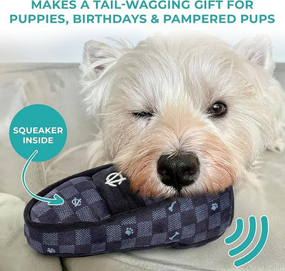 Haute Diggity Dog Chewy Vuiton Loafer Plush Squeaky Dog Toy, Soft Durable Designer-Inspired Stuffed Puppy Chew Toys for Small & Medium Dogs, Machine-Washable (Black Checker) One Size