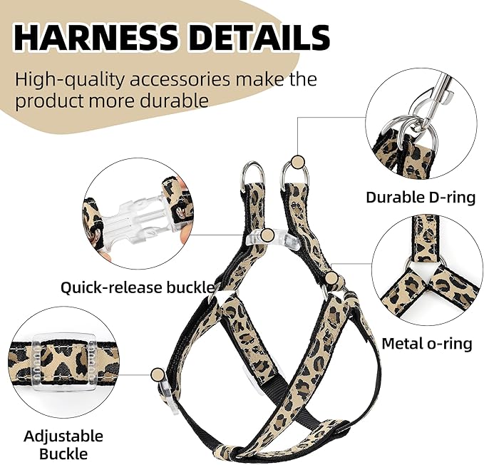 Mile High Life Leopard Dog Harness Collar Leash Set, Adjustable No Pull Dog Halter Harness for Small Breed Dogs, Easy Control for Training Walking (Black, XS Chest 9"-15", Neck 8"-12")