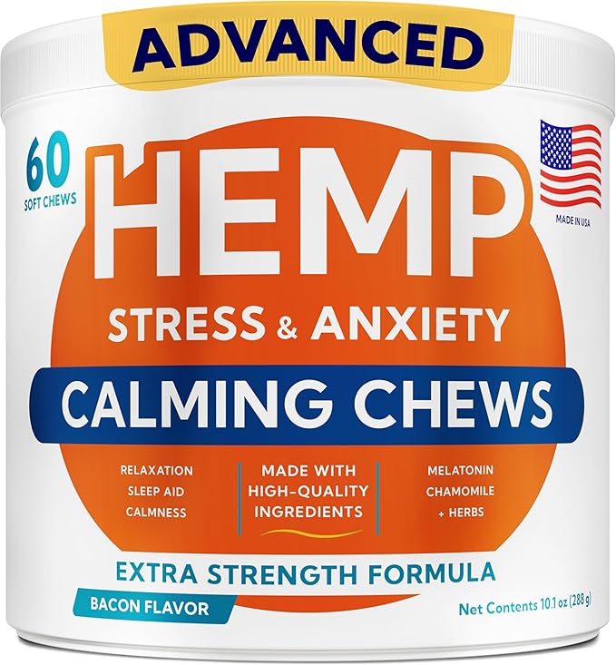 Advanced Calming Chews for Dogs - Hemp Treat + Melatonin + Valerian - Relaxing Bites - Calming Care - Stress Relief - Made in USA - Calm, Sleep Aid, Storms - 60Ct