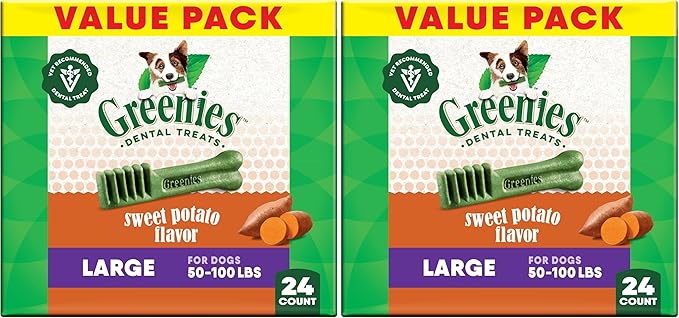 Greenies Dog Treats,Veterinarian-Recommended Natural Dental Dog Treats,Large Size,Sweet Potato Flavor,36 oz,24 Count (Pack of 2)