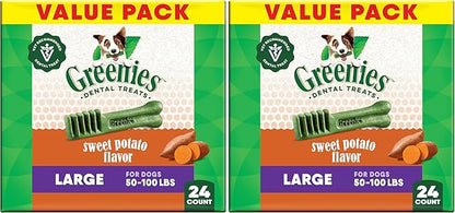 Greenies Dog Treats,Veterinarian-Recommended Natural Dental Dog Treats,Large Size,Sweet Potato Flavor,36 oz,24 Count (Pack of 2)
