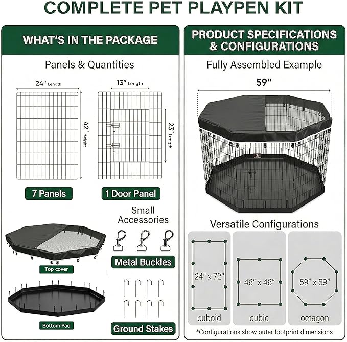 PJYuCien Dog Playpen with Top Cover and Bottom Pad - Metal Foldable Exercise Pen, 8 Panels 42" H x 24" W Indoor Outdoor Pet Fence Puppy Crate Kennel, Black