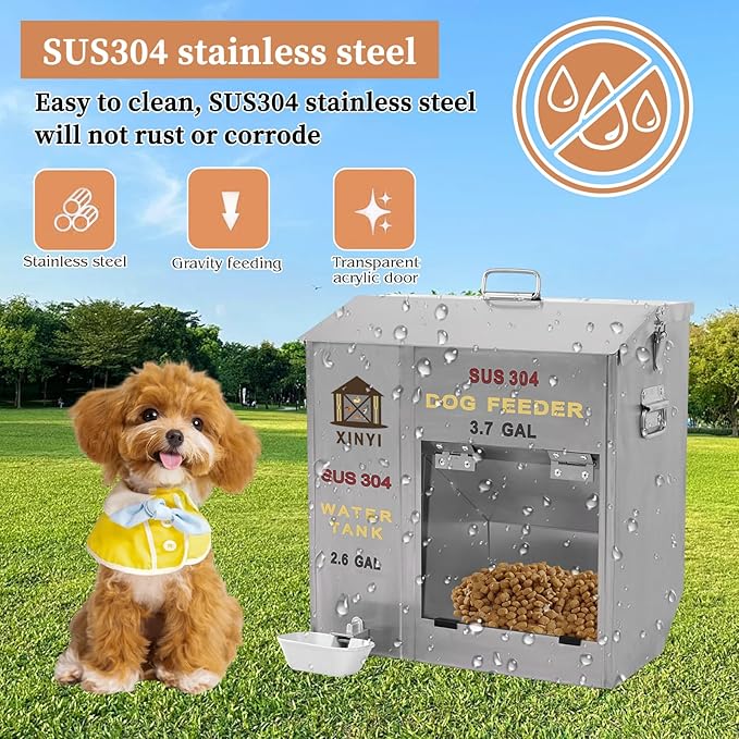Xinyi Stainless Steel Dog Feeder and Waterer 2-in-1, Gravity Dog Feeder, Aluminum Alloy Water Cup, Automatic Feeder Waterpoof and Sturdy, Transparent Acrylic Observation Window, 3.7 Gallon