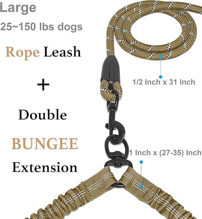 iYoShop Dual Dog Leash - 360° Swivel, No Tangle Walking Leash with Shock Absorbing Bungee for Two Dogs (Large, 25-150 lbs, Khaki)