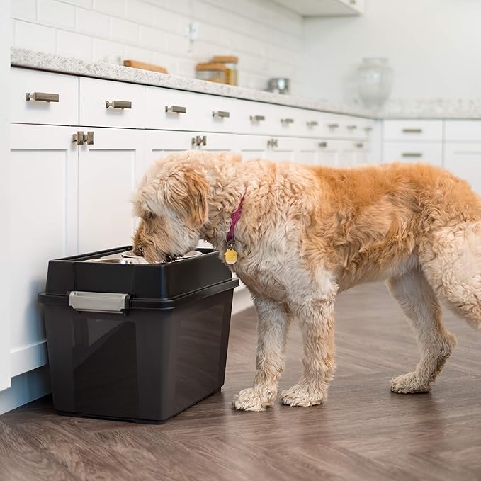 IRIS USA Elevated Dog Bowls, 15" H Raised Bowl for Large Dogs, Airtight Pet Food Storage Holds Up to 47 Lbs, 2 Removable 64 oz Stainless Steel Bowls, At Home or Camping, Smoke/Black