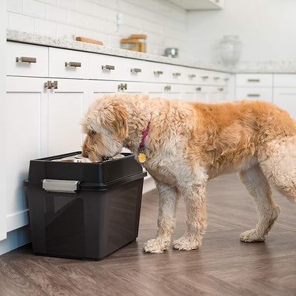 IRIS USA Elevated Dog Bowls, 15" H Raised Bowl for Large Dogs, Airtight Pet Food Storage Holds Up to 47 Lbs, 2 Removable 64 oz Stainless Steel Bowls, At Home or Camping, Smoke/Black