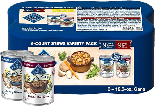 Blue Buffalo Blue's Stew Natural Wet Dog Food, Made with Natural Ingredients, Hearty Beef and Country Chicken Variety Pack, 12.5-oz Cans, 6 Count
