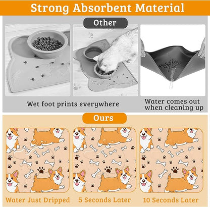Corgi Feeding Mat,Cute Dogs Absorbent Quick-Dry Cat Dog Food and Water Bowl Mats,Non-Slip Rubber Backing Mat,Cat Dog Accessories Supplies 12" x 20"