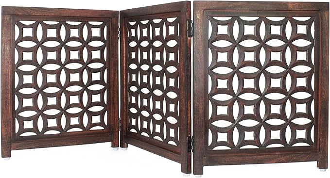 Wooden Foldable Pet Dog Safety Gate -3 Panels 20"Wx24"H- Hand Carved Solid Wood And MDF - Free Standing Portable Indoor Doorway Hall Stairs Dog Puppy Fence - Fully Assembled - Antique Brown -IRONGATE