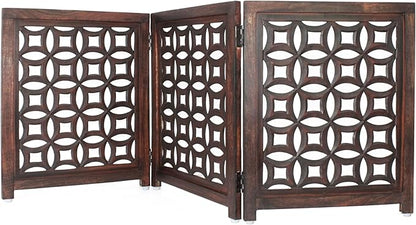 Wooden Foldable Pet Dog Safety Gate -3 Panels 20"Wx24"H- Hand Carved Solid Wood And MDF - Free Standing Portable Indoor Doorway Hall Stairs Dog Puppy Fence - Fully Assembled - Antique Brown -IRONGATE