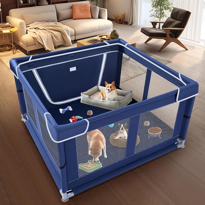 XVISHX 42x42 Inches Puppy Playpen with Gate, Dog Playpen for Puppies or Small Dogs, DogFence Pet Playpen for Indoor & Outdoor, Sturdy Safety DogPen with Thickened Fabric, High-Strength Nylon Wire Mesh