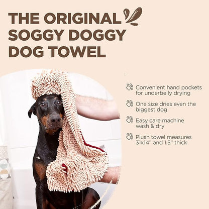 Soggy Doggy Super Shammy Dog Towel – Absorbent Microfiber Chenille Pet Towel for Drying Wet Dogs, Muddy Paws, Quick Dry Dog Shammy with Hand Pockets, Machine Washable – Beige/Red Trim, 31” x 14”
