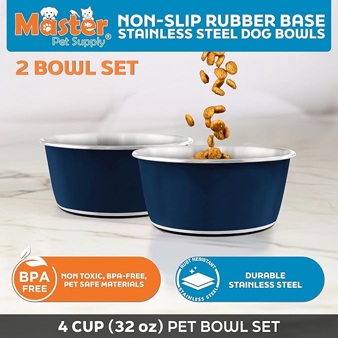 Master Pet Supply Stainless Steel Dog Bowls Set of 2 (32 Oz Each) with Non-Slip Rubber Base - Navy Blue - Basic Dog Food Bowl Water & Food Bowls for Small Medium Large Dogs & Cats, Metal Dish