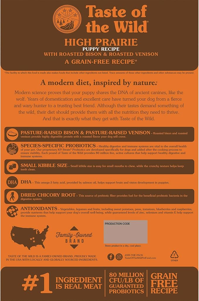 Taste of the Wild High Prairie Canine Grain-Free Recipe with Roasted Bison and Venison Dry Dog Food for Puppies, Made with High Protein from Real Meat and Guaranteed Nutrients and Probiotics 5lb