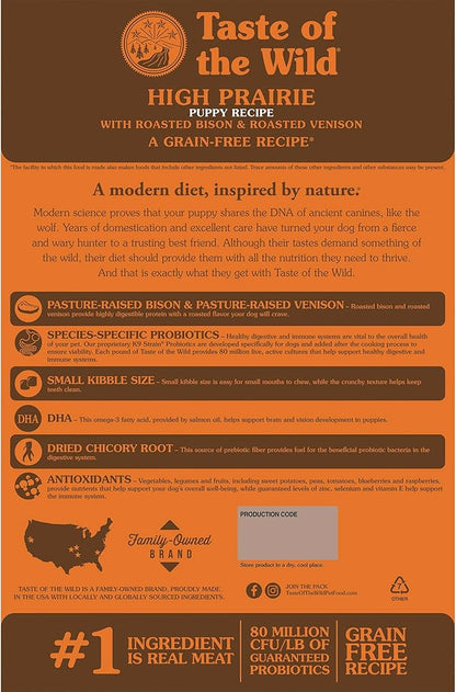 Taste of the Wild High Prairie Canine Grain-Free Recipe with Roasted Bison and Venison Dry Dog Food for Puppies, Made with High Protein from Real Meat and Guaranteed Nutrients and Probiotics 5lb