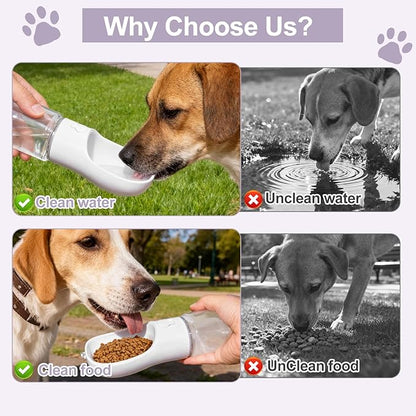 Dog Water Bottle, Portable Water Bottle with Food Container for Dogs Cat Pet Hiking Walking Travel Camping, Leak-Proof Dog Water Bowl Dispenser with Feeder Function Puppy Essentials (11.5oz White)