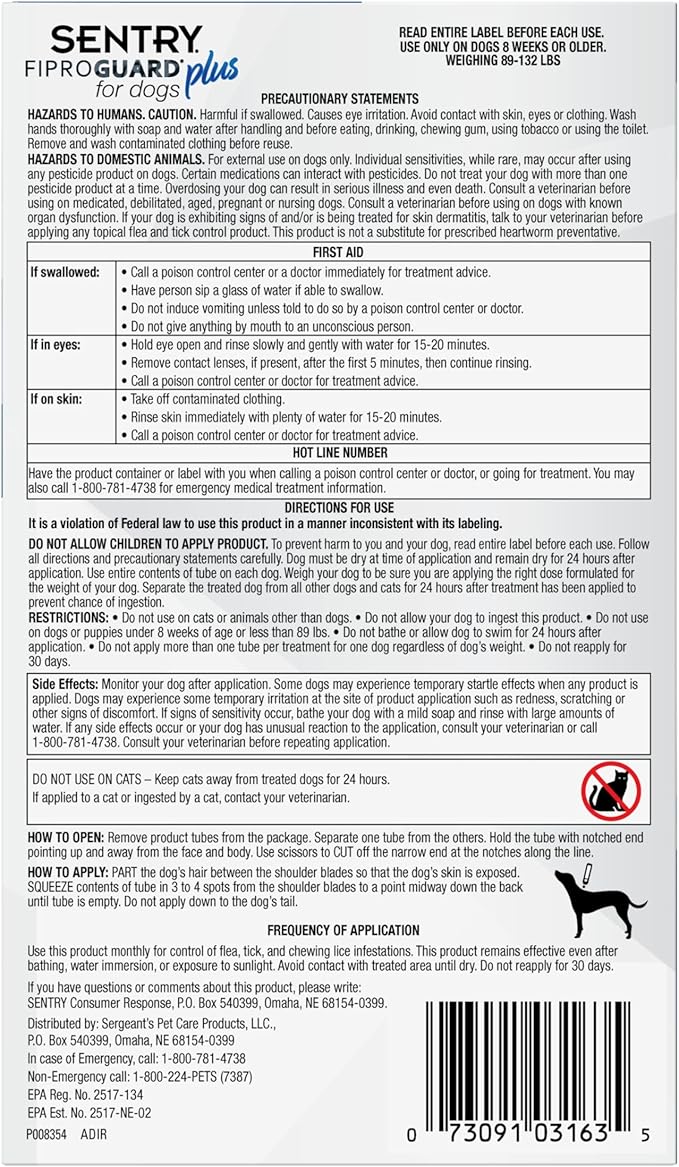 Sentry Fiproguard Plus for Dogs, Flea and Tick Prevention for Dogs (89-132 Pounds), Includes 3 Month Supply of Topical Flea Treatments
