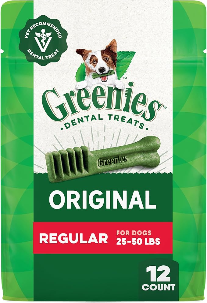 Greenies Veterinarian-Recommended Adult Natural Dental Dog Treats Regular Size, Dog Dental Chews, Original Flavor, 12 oz. Pack, 12 Count