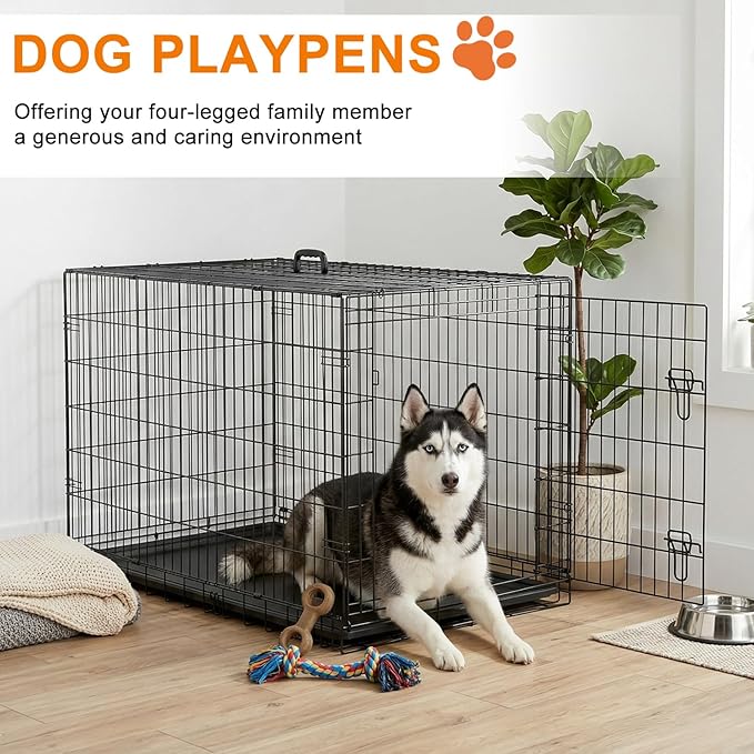 FDW XL Dog Crate 48inch Dog Cage Foldable Metal Kennel with Leakproof Tray Foldable Design Indoor Outdoor Use for Extra Large Dogs,Black