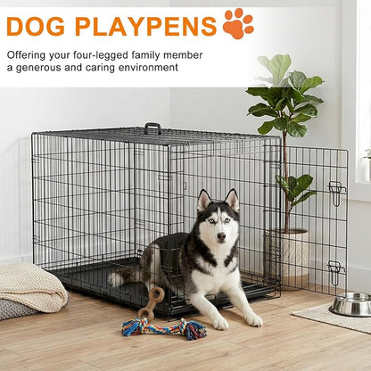FDW XL Dog Crate 48inch Dog Cage Foldable Metal Kennel with Leakproof Tray Foldable Design Indoor Outdoor Use for Extra Large Dogs,Black