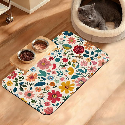 Colorful Flower Feeding Mat,Groovy Wildflowers Absorbent Quick-Dry Cat Dog Food and Water Bowl Mats,Non-Slip Rubber Backing Mat,Cat Dog Accessories Supplies 12" x 20"