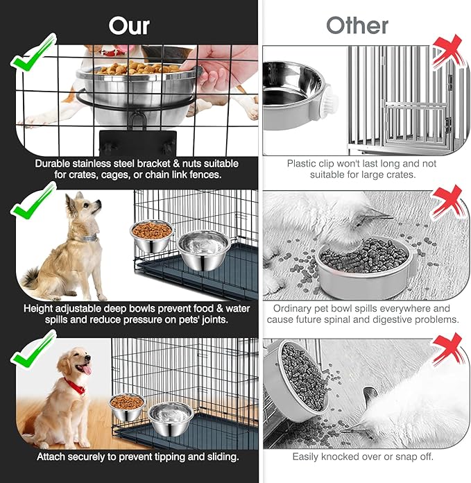 Dog Crate Bowls Hanging No Spill, 2 Pack 47oz & 56oz Crate Water Bowl Stainless Steel Kennel Food Bowl Water Dispenser Set Mountable Cage Accessories Metal Feeder Dish Coop Cup for Large & Medium Pet