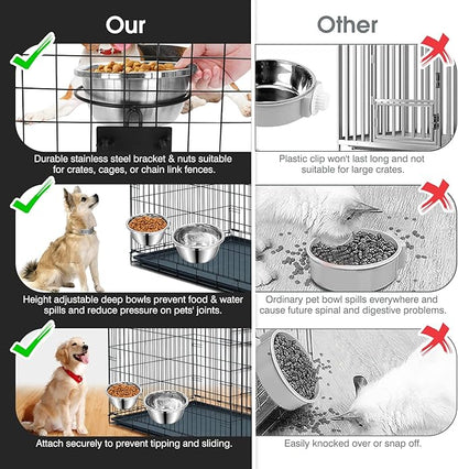 Dog Crate Bowls Hanging No Spill, 2 Pack 47oz & 56oz Crate Water Bowl Stainless Steel Kennel Food Bowl Water Dispenser Set Mountable Cage Accessories Metal Feeder Dish Coop Cup for Large & Medium Pet